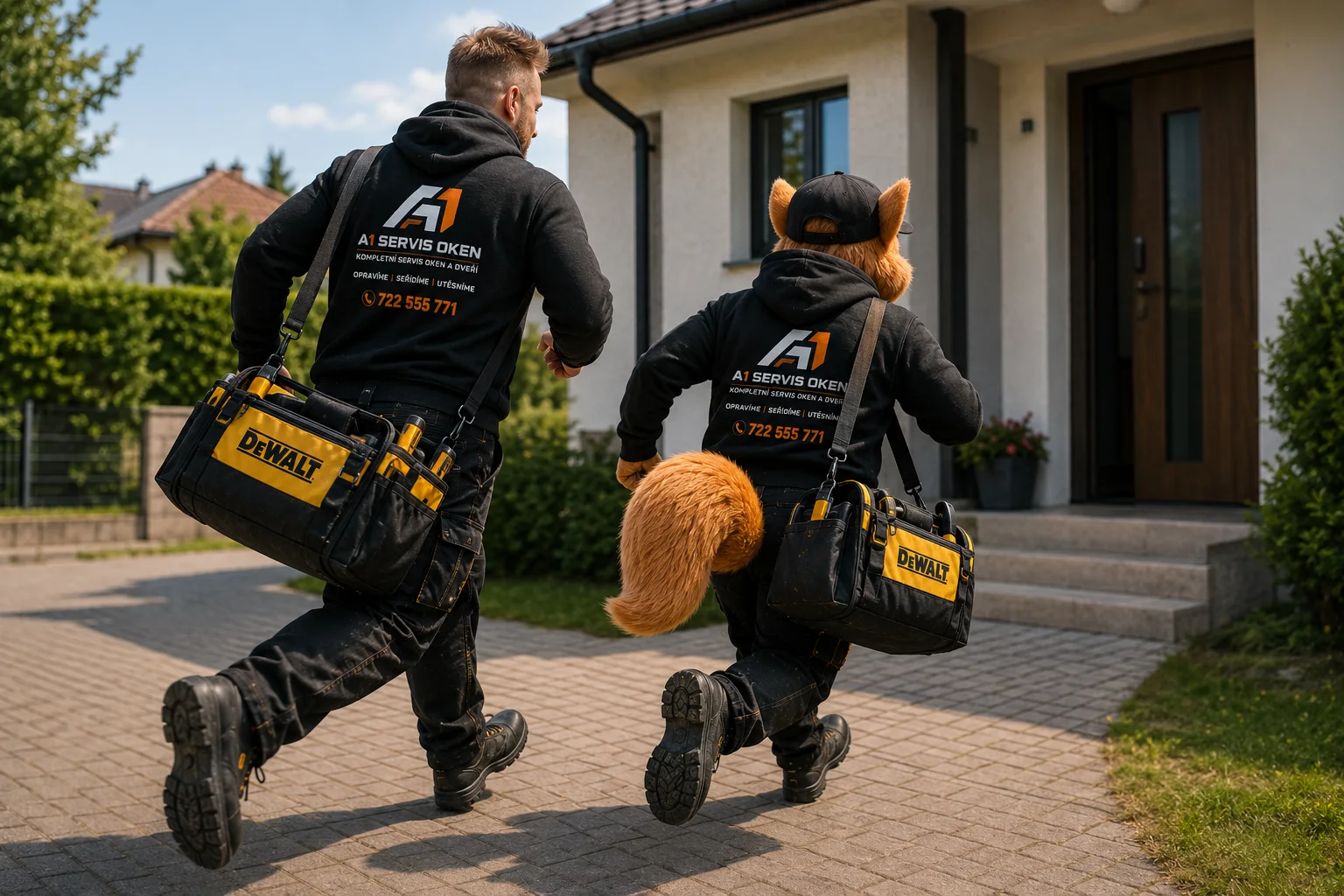 Expresní výjezd A1-ServisOken – technik a maskot běží k zákazníkovi s nářadím DeWALT