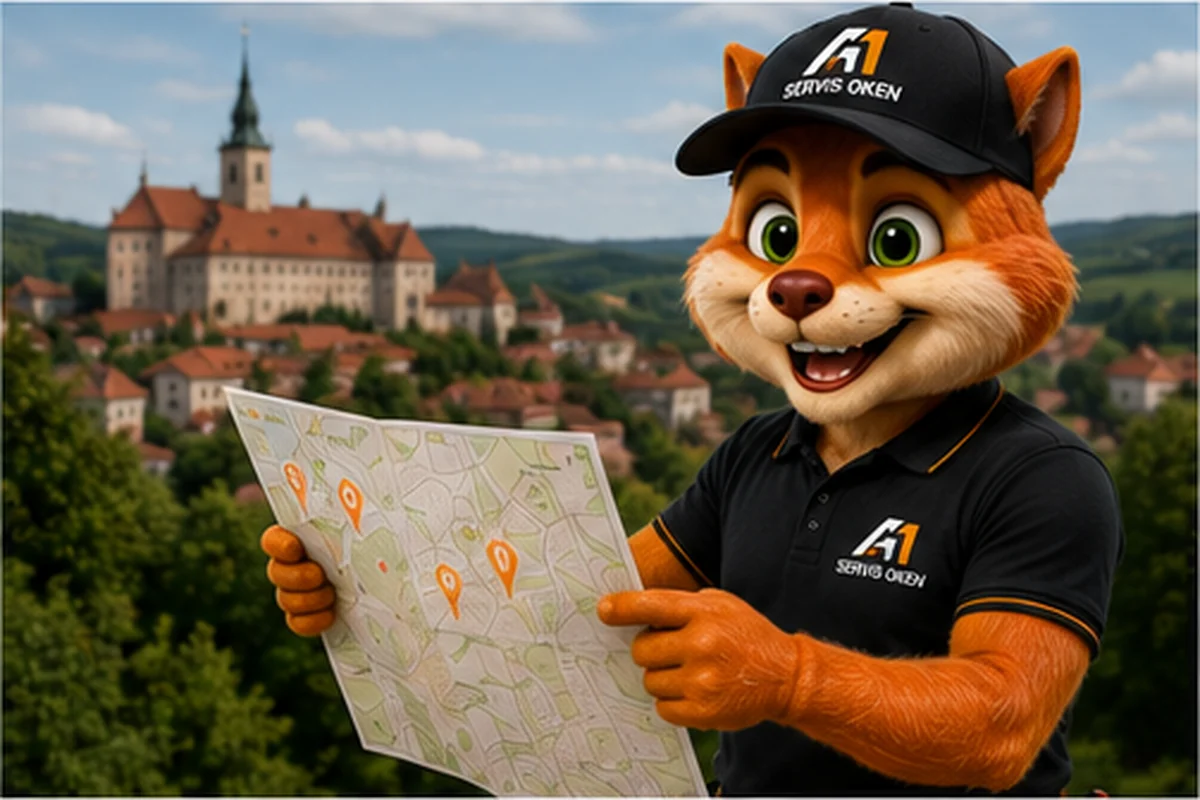 Maskot A1-ServisOken s mapou servisních oblastí