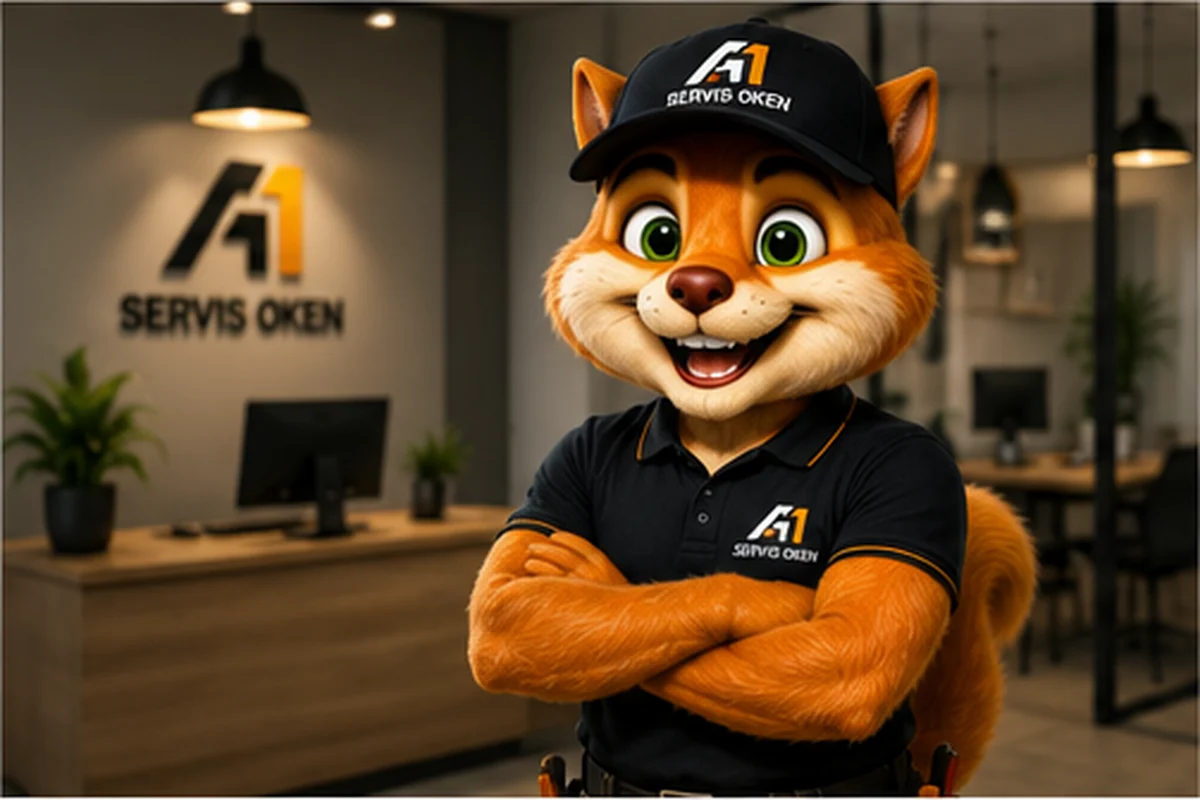 Maskot A1-ServisOken v kanceláři