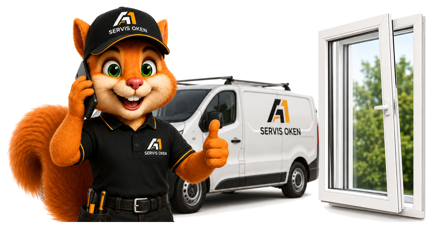 Maskot A1-ServisOken telefonuje se zákazníkem a potvrzuje příjezd technika
